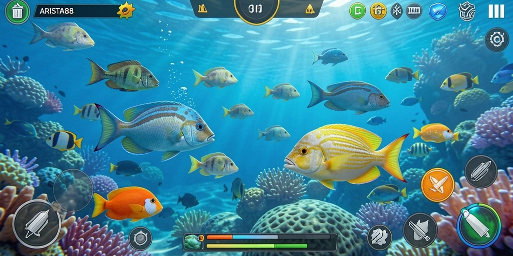 Screenshot utama ARISTA88 menampilkan aksi menembak ikan yang seru.